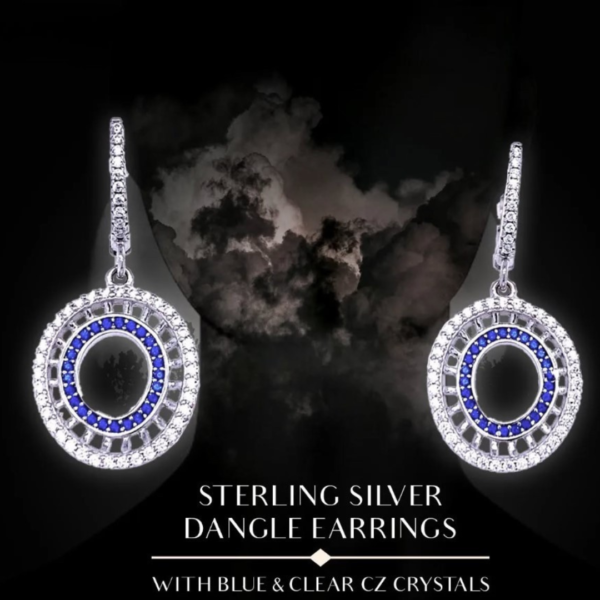 Sterling Silver Dangle Earrings with Clear and Blue CZ Crystals Pendant