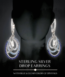 Sterling Silver Drop Earrings with Clear and Blue CZ Crystals Pendant