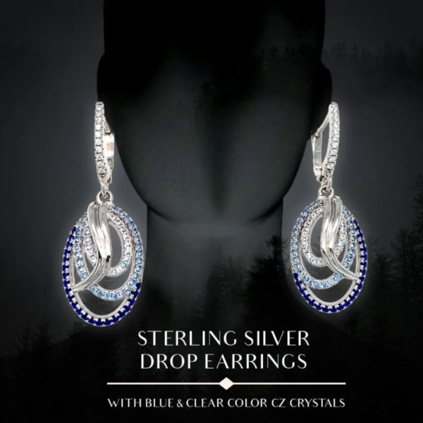 Sterling Silver Drop Earrings with Clear and Blue CZ Crystals Pendant